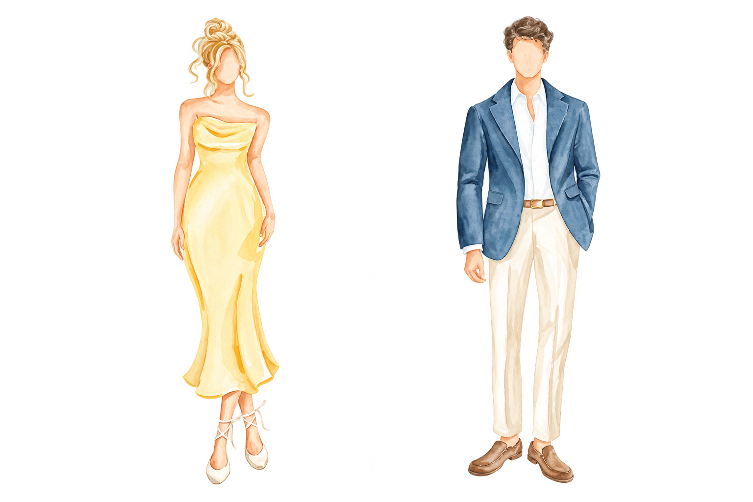 Ilustraciones en acuarela: mujer con vestido largo y hombre con blazer y pantalón claro